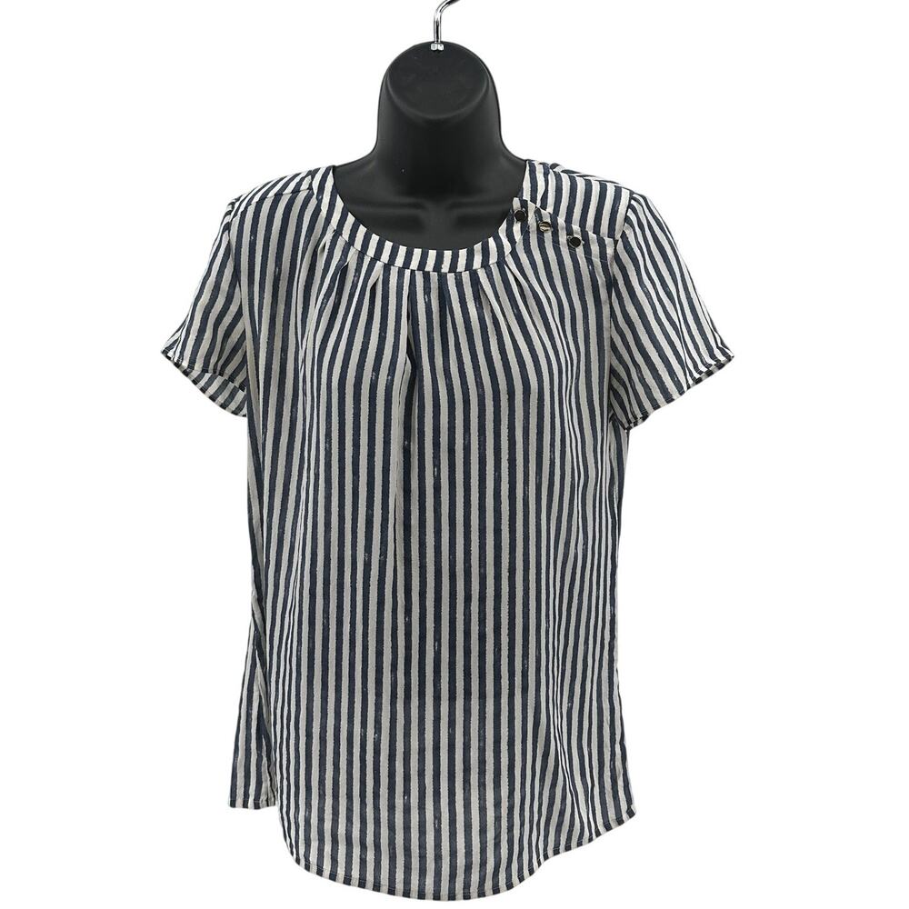 Banana Republic Blouse Womens Size 4 Blue White Striped Short Sleeve 100% Silk